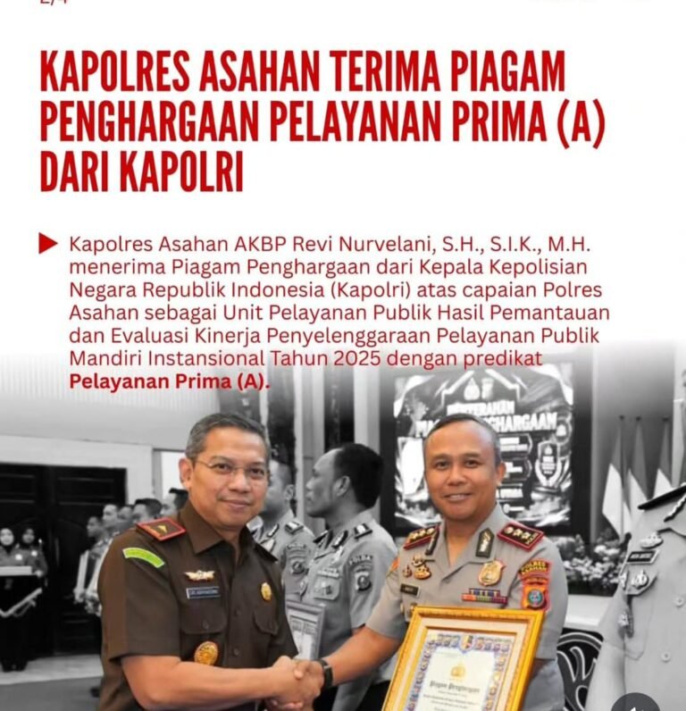 Kapolres Asahan Menerima Penghargaan Predikat Pelayanan Prima(A)